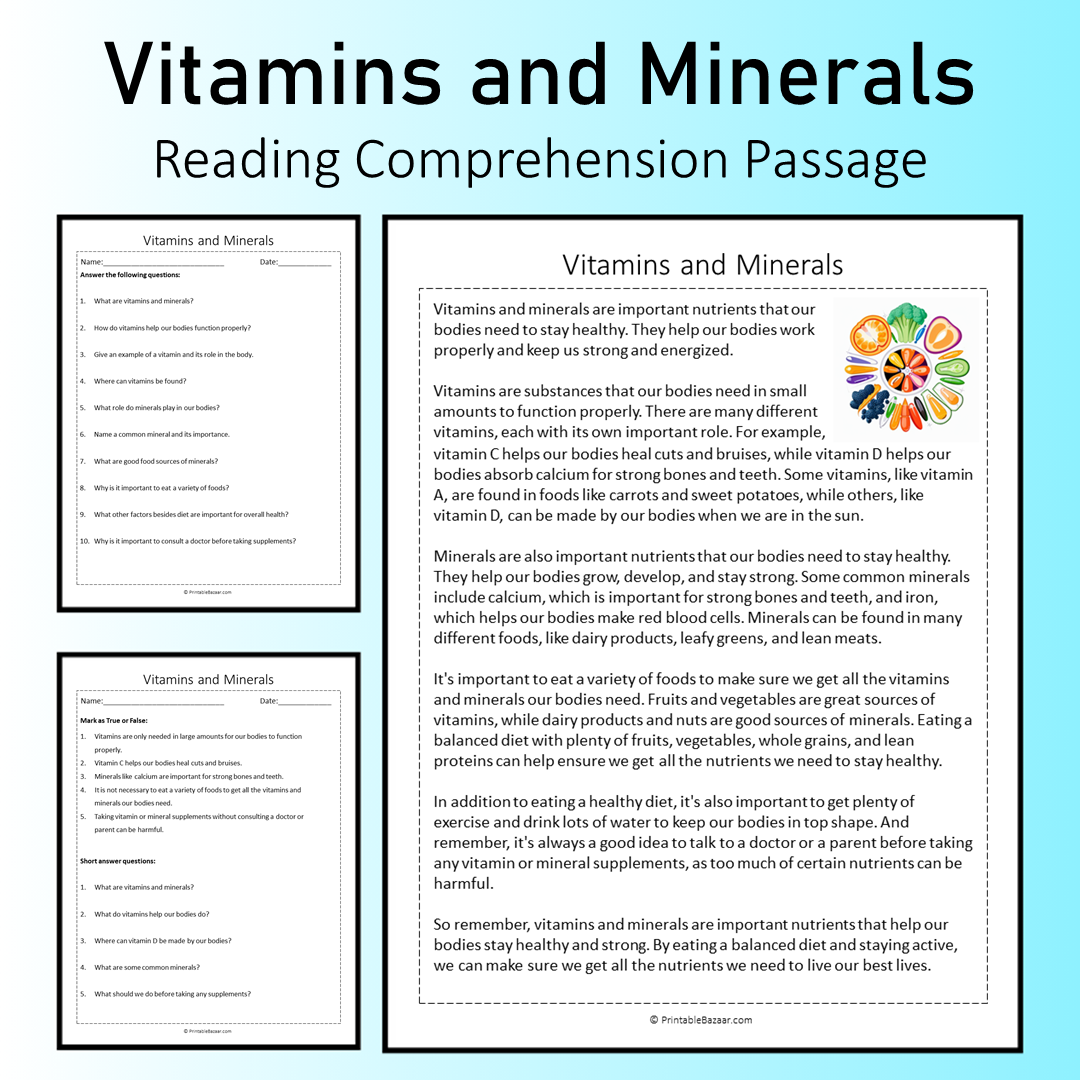 Vitamins and Minerals | Reading Comprehension Passage Printable Worksheet