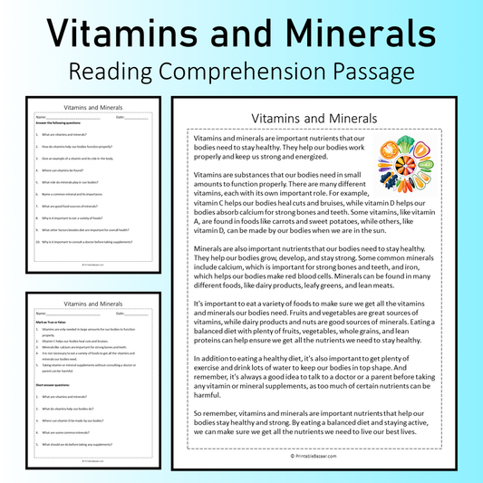 Vitamins and Minerals | Reading Comprehension Passage Printable Worksheet