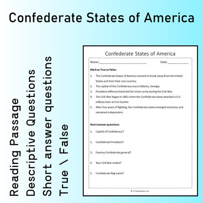 Confederate States of America | Reading Comprehension Passage Printable Worksheet