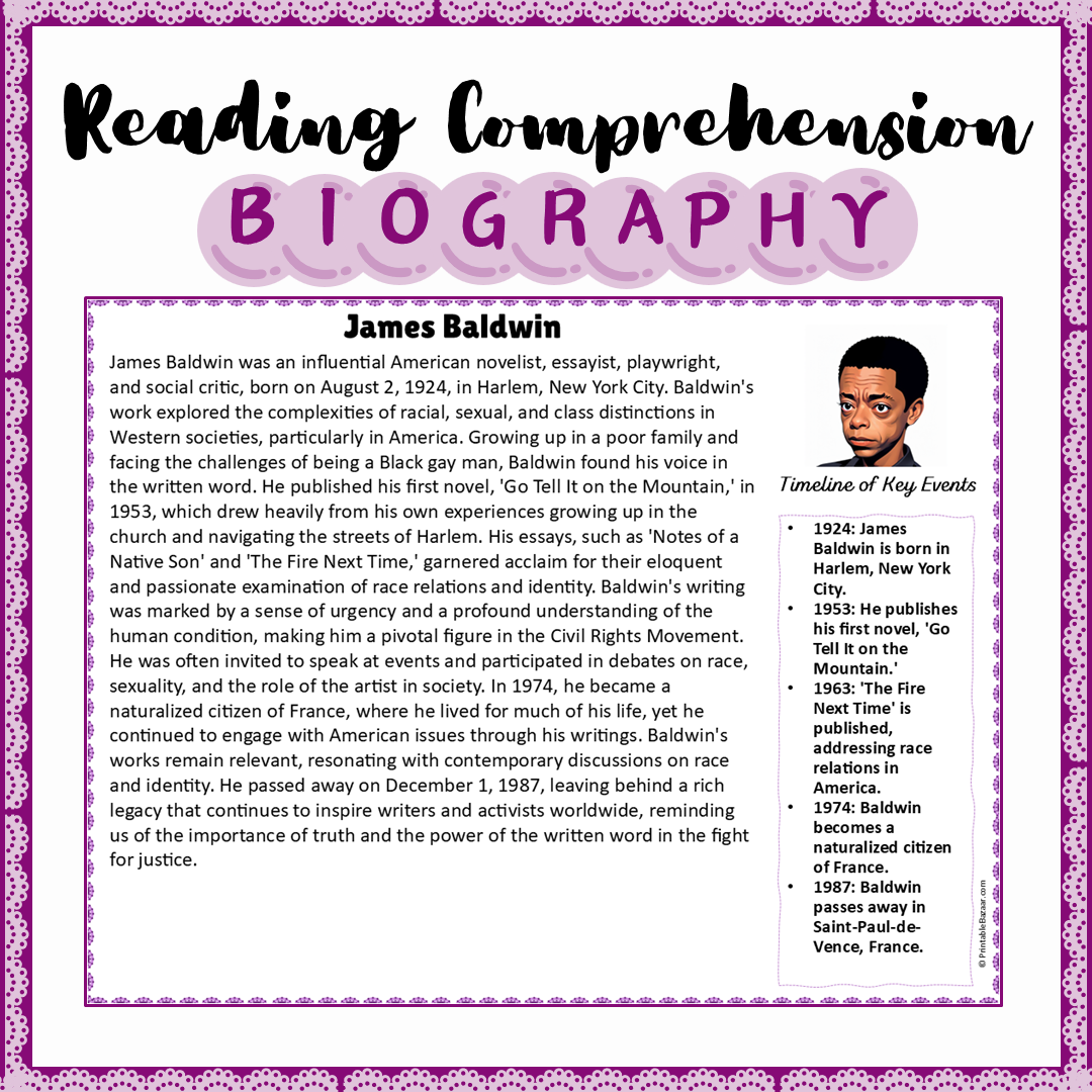 James Baldwin | Biography Reading Comprehension and Questions Worksheet