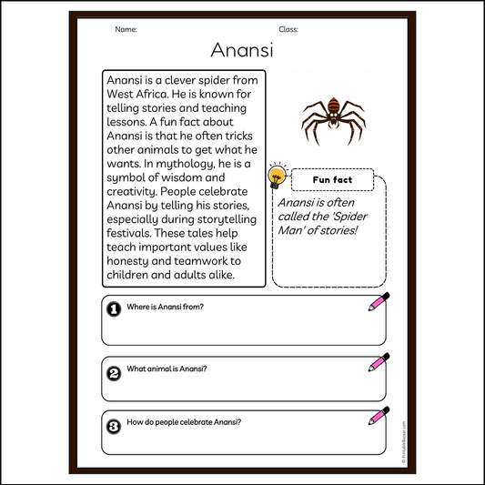 Anansi | Reading Passage Comprehension Questions Writing Facts Worksheet