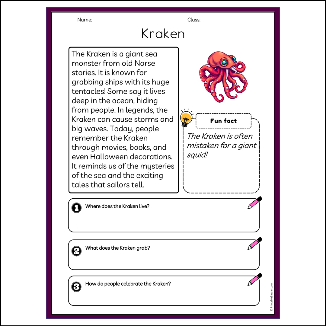 Kraken | Reading Passage Comprehension Questions Writing Facts Worksheet