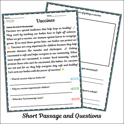 Vaccines | Short Reading Comprehension Creative Worksheet