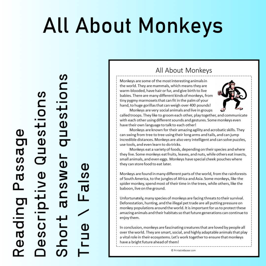 All About Monkeys | Reading Comprehension Passage Printable Worksheet