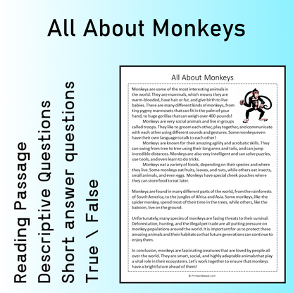 All About Monkeys | Reading Comprehension Passage Printable Worksheet