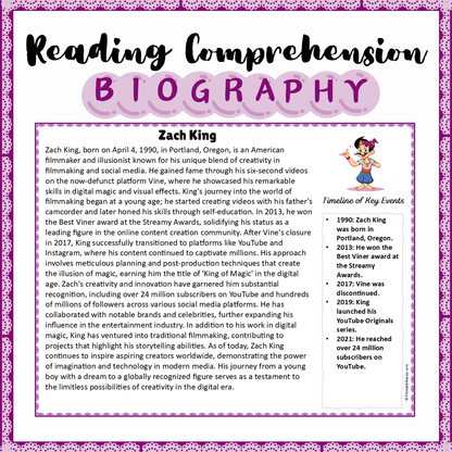 Zach King | Biography Reading Comprehension and Questions Worksheet