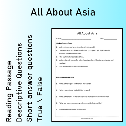 All About Asia | Reading Comprehension Passage Printable Worksheet