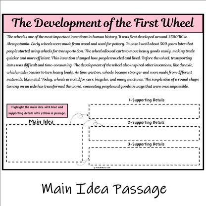 The Development of the First Wheel | Main Idea and Supporting Details Reading Passage and Questions