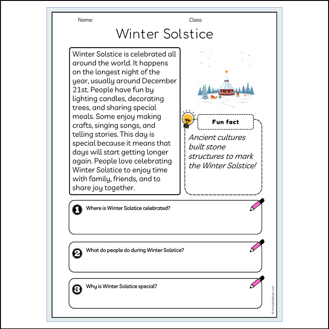 Winter Solstice | Reading Passage Comprehension Questions Writing Facts Worksheet