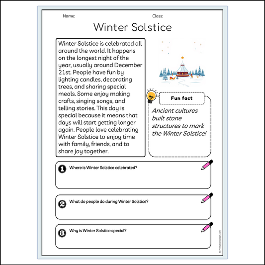 Winter Solstice | Reading Passage Comprehension Questions Writing Facts Worksheet