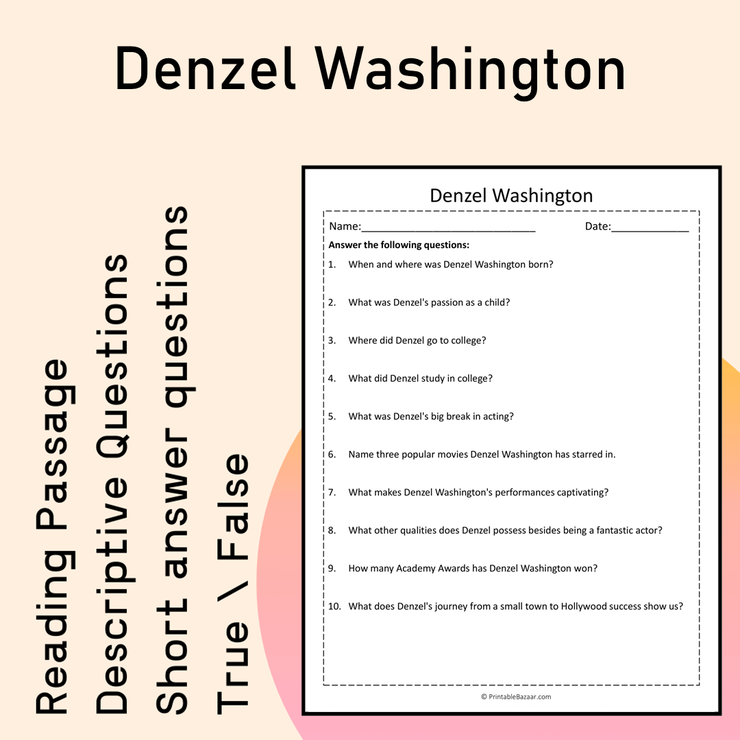 Denzel Washington | Reading Comprehension Passage Printable Activity