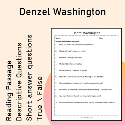 Denzel Washington | Reading Comprehension Passage Printable Activity