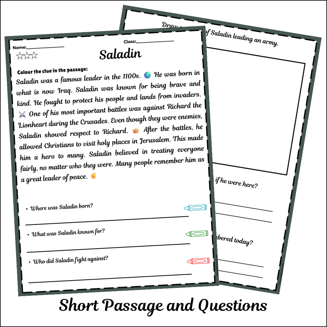 Saladin | Short Reading Comprehension Creative Worksheet
