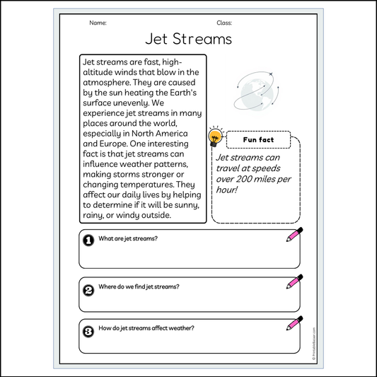 Jet Streams | Reading Passage Comprehension Questions Writing Facts Worksheet