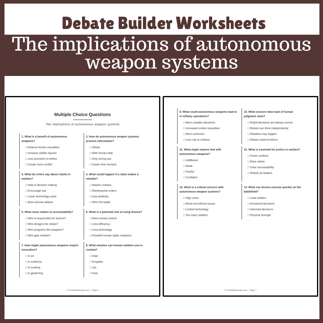 The implications of autonomous weapon systems | Favour and Against Worksheet Printable Activity