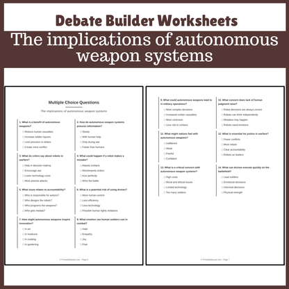 The implications of autonomous weapon systems | Favour and Against Worksheet Printable Activity