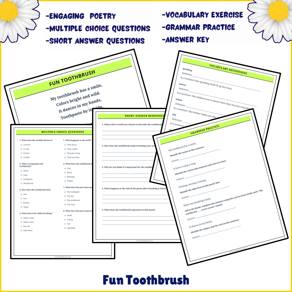 Fun Toothbrush | Poem Grammar Worksheet Printable Activity