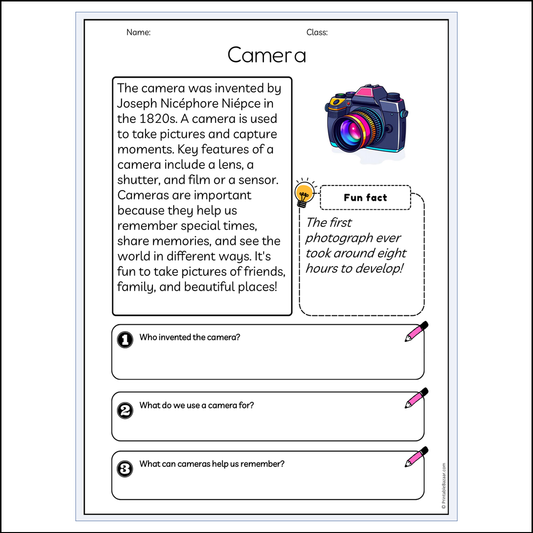 Camera | Reading Passage Comprehension Questions Writing Facts Worksheet