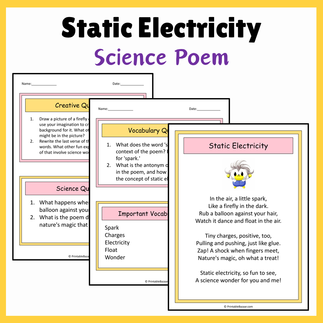 Static Electricity | Science Poem Reading Comprehension Activity