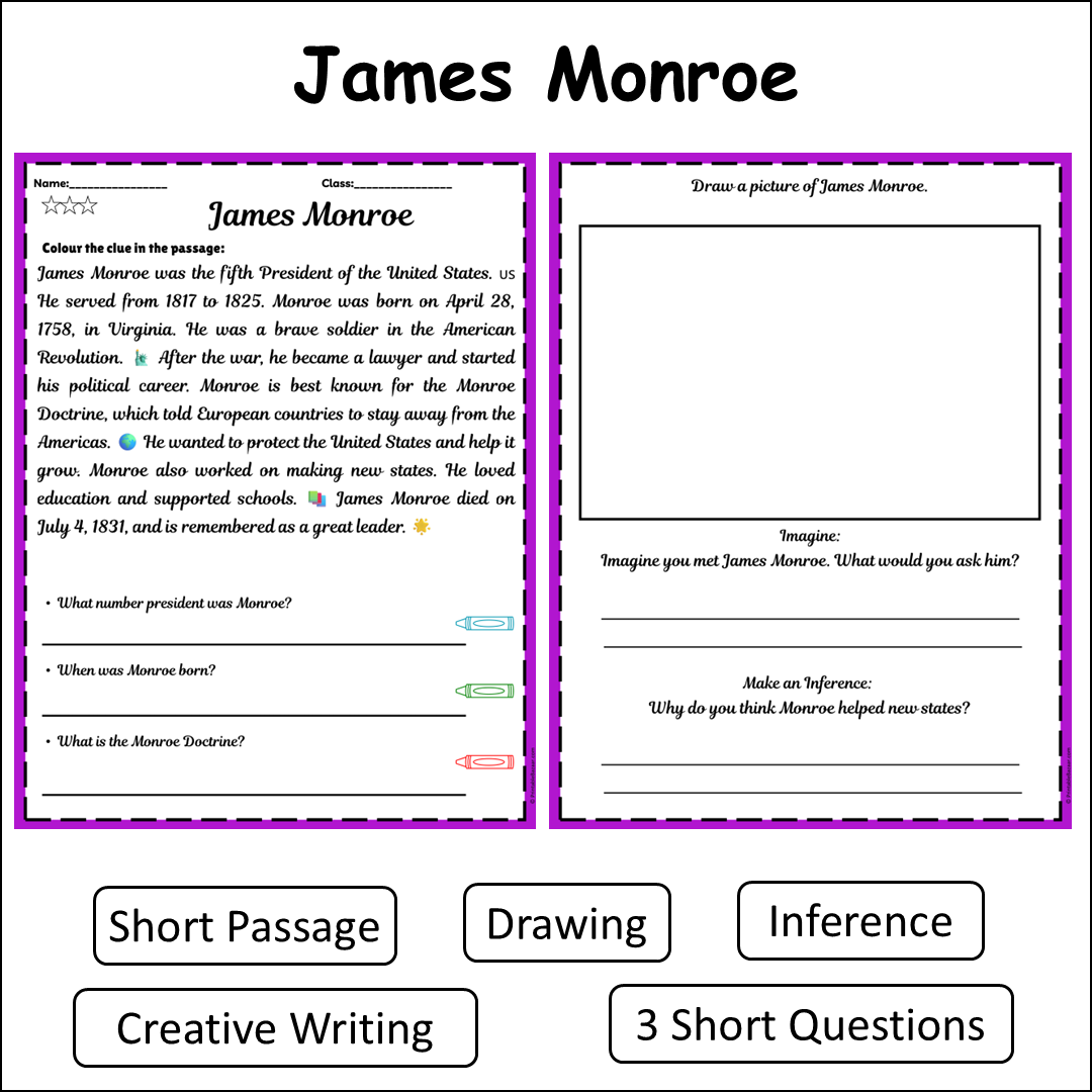 James Monroe | Short Reading Comprehension Creative Worksheet