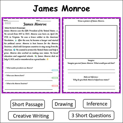 James Monroe | Short Reading Comprehension Creative Worksheet