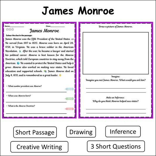 James Monroe | Short Reading Comprehension Creative Worksheet