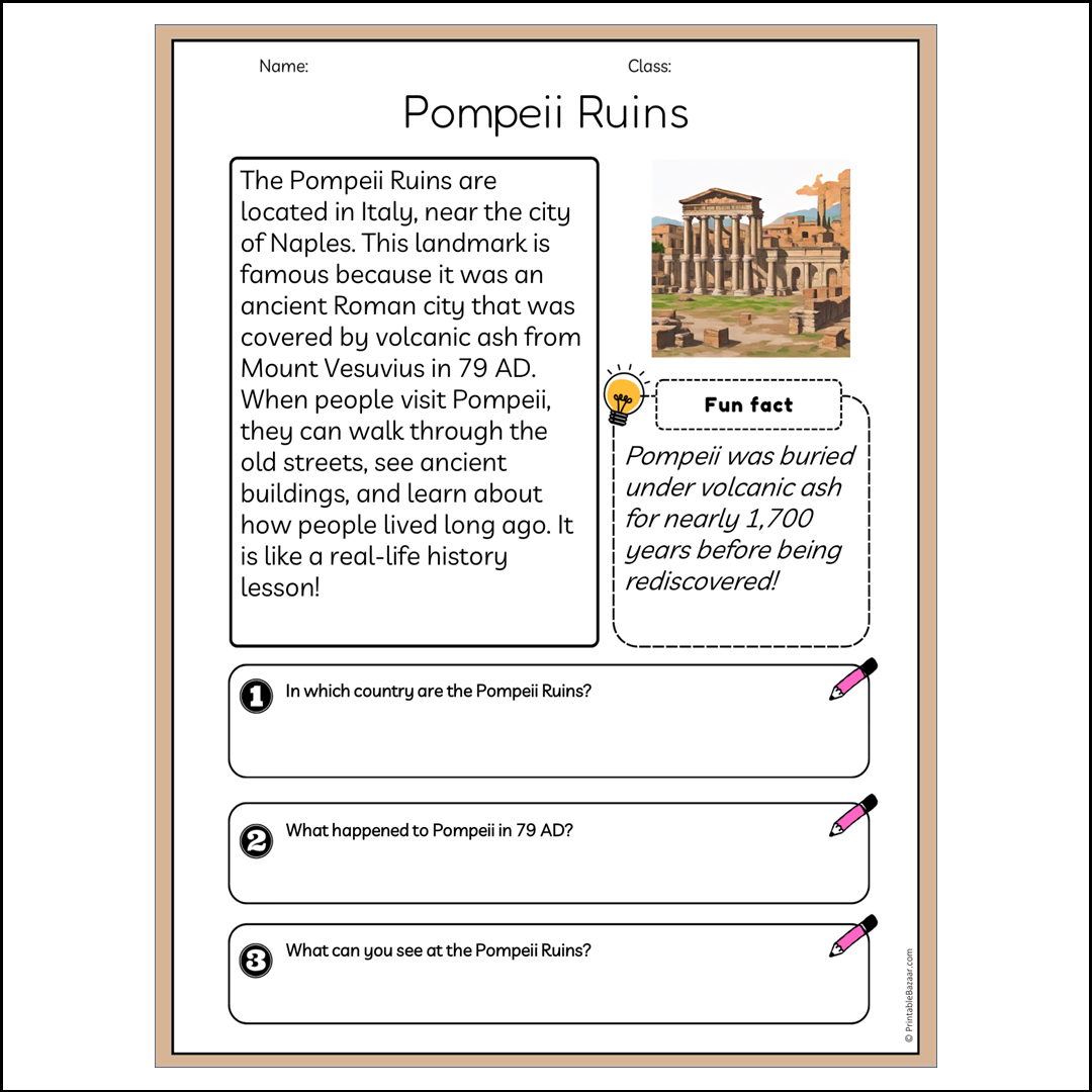 Pompeii Ruins | Reading Passage Comprehension Questions Writing Facts Worksheet