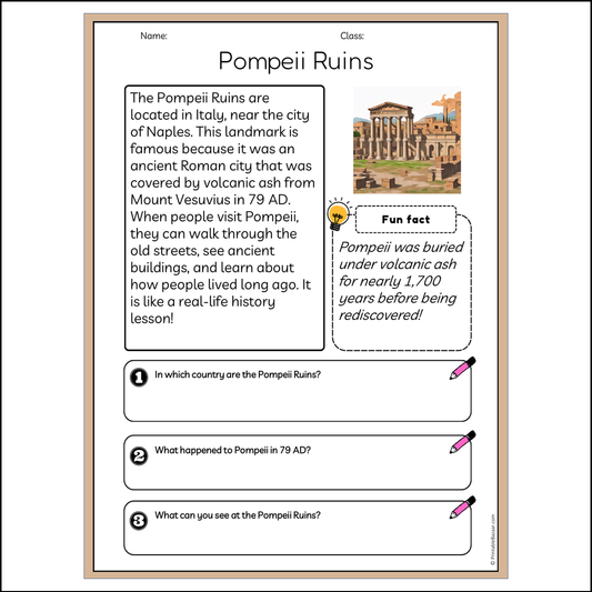 Pompeii Ruins | Reading Passage Comprehension Questions Writing Facts Worksheet