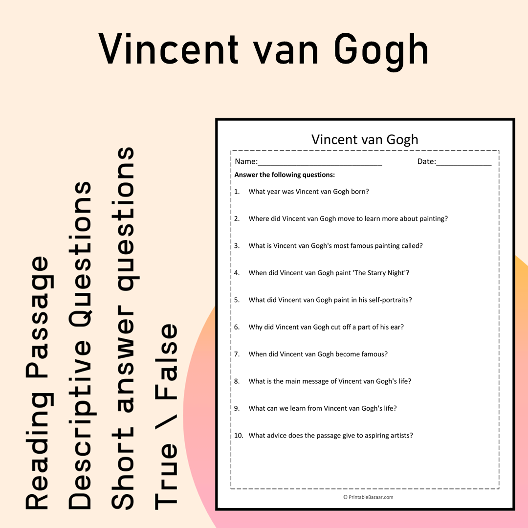 Vincent van Gogh | Reading Comprehension Passage Printable Activity