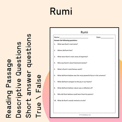 Rumi | Reading Comprehension Passage Printable Activity