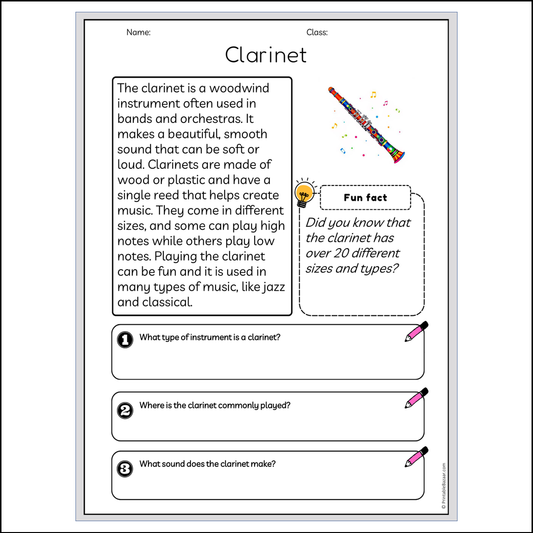 Clarinet | Reading Passage Comprehension Questions Writing Facts Worksheet