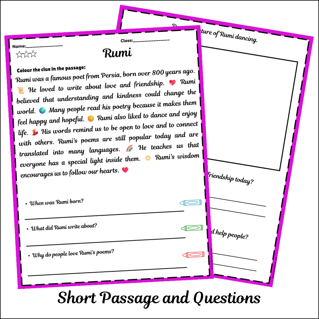 Rumi | Short Reading Comprehension Creative Worksheet