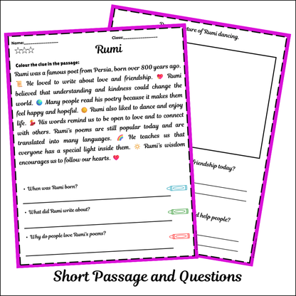 Rumi | Short Reading Comprehension Creative Worksheet