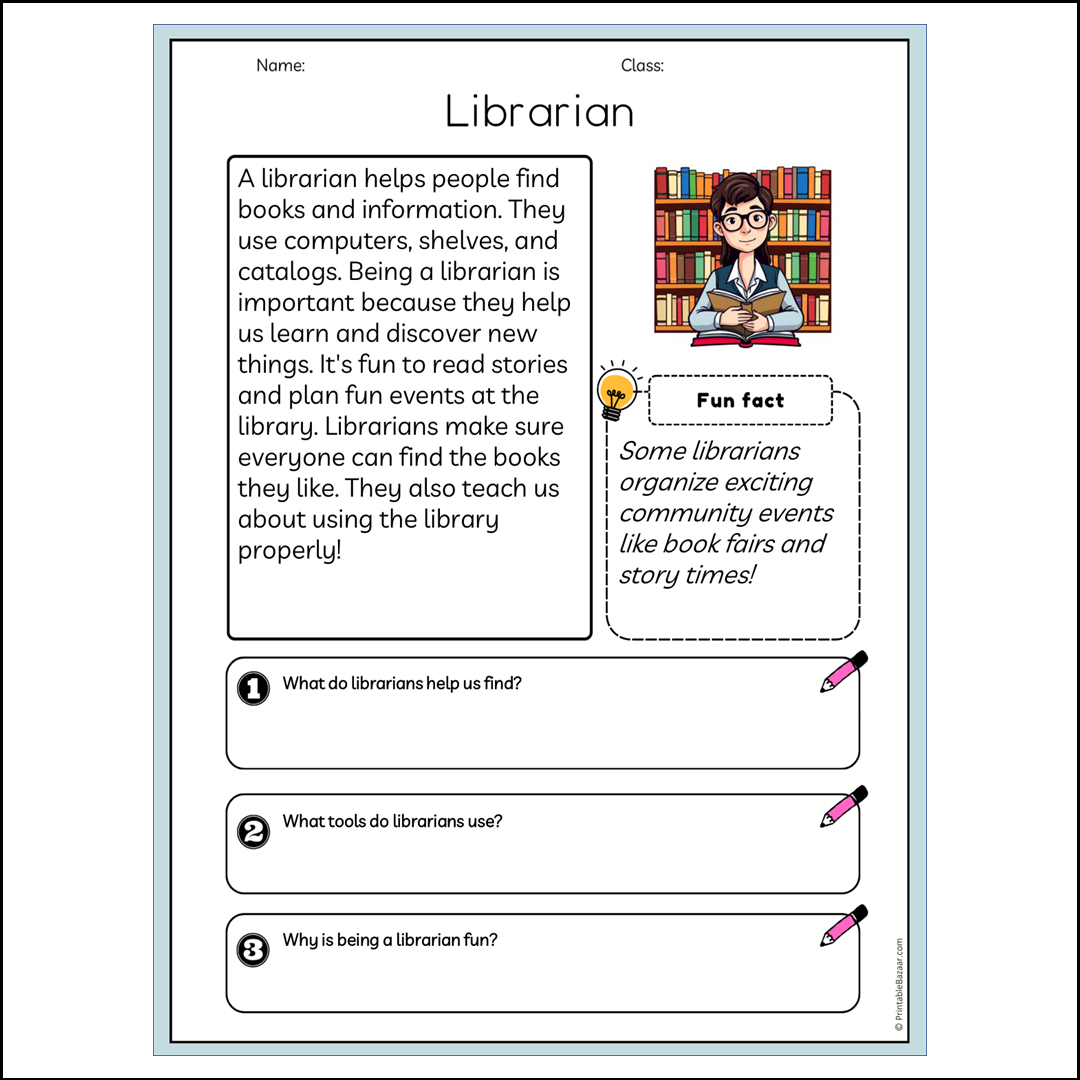 Librarian | Reading Passage Comprehension Questions Writing Facts Worksheet