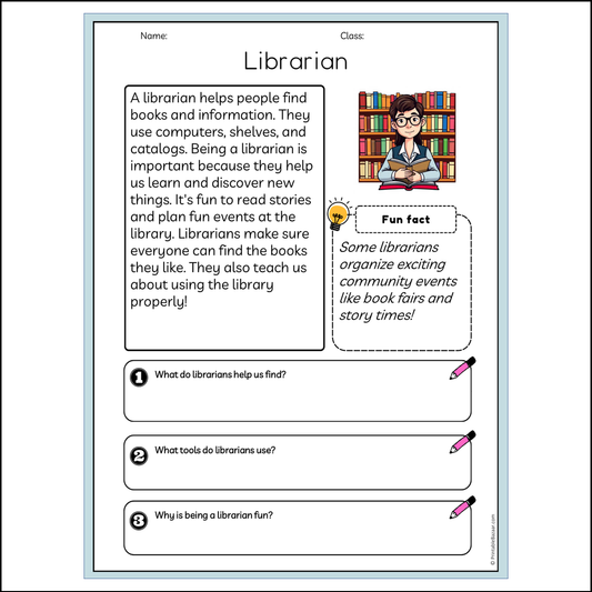 Librarian | Reading Passage Comprehension Questions Writing Facts Worksheet