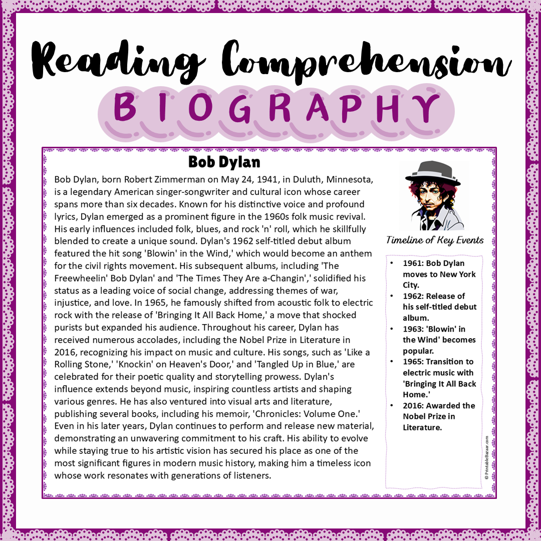 Bob Dylan | Biography Reading Comprehension and Questions Worksheet