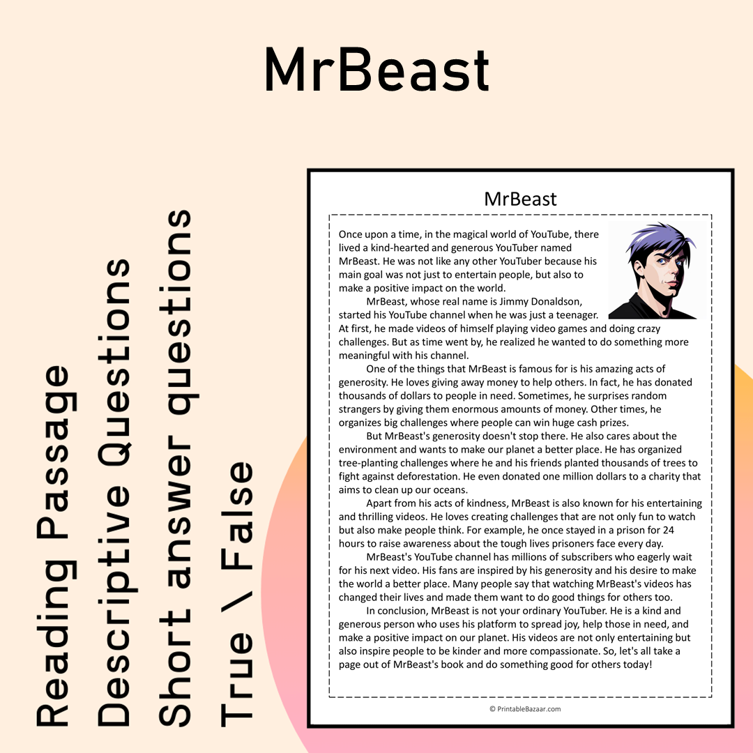 MrBeast | Reading Comprehension Passage Printable Activity