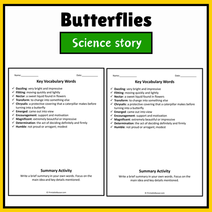 Butterflies | Science Story Reading Comprehension Activity