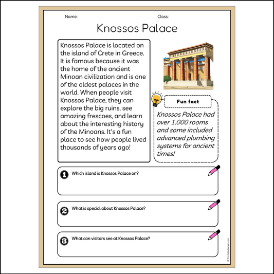 Knossos Palace | Reading Passage Comprehension Questions Writing Facts Worksheet