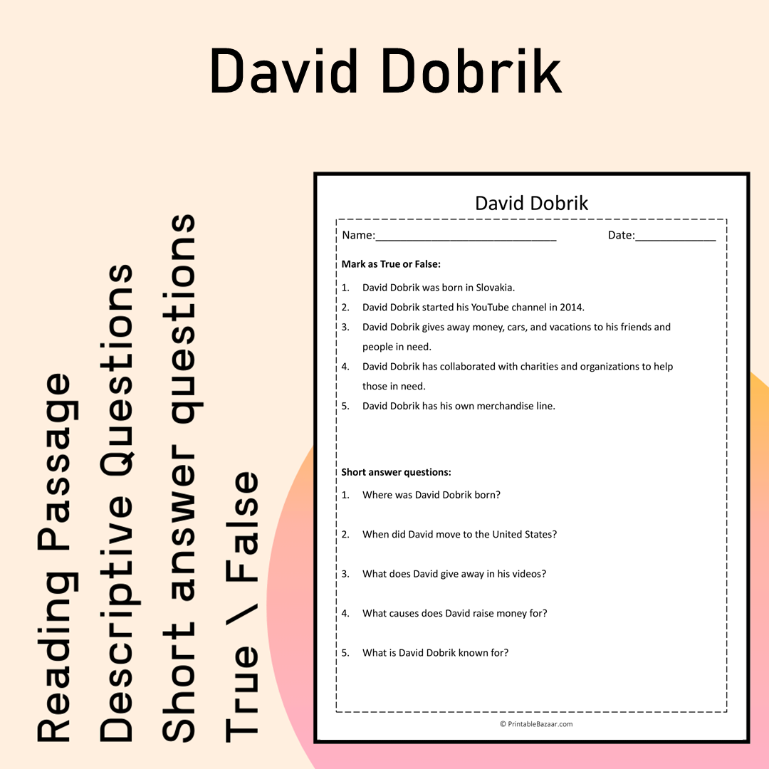 David Dobrik | Reading Comprehension Passage Printable Activity