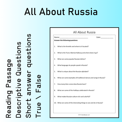 All About Russia | Reading Comprehension Passage Printable Worksheet