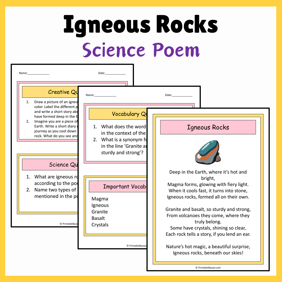 Igneous Rocks | Science Poem Reading Comprehension Activity