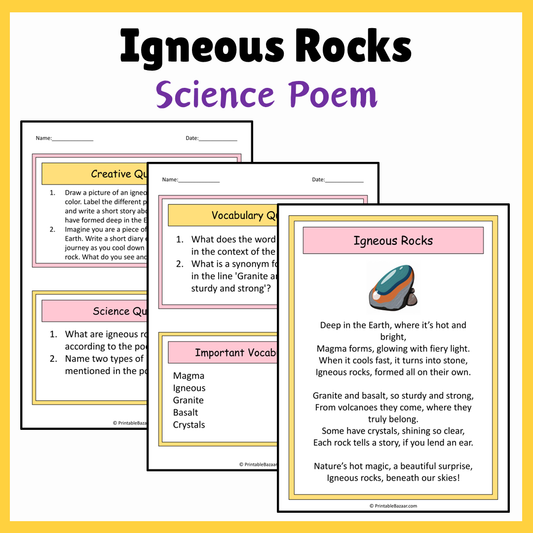 Igneous Rocks | Science Poem Reading Comprehension Activity