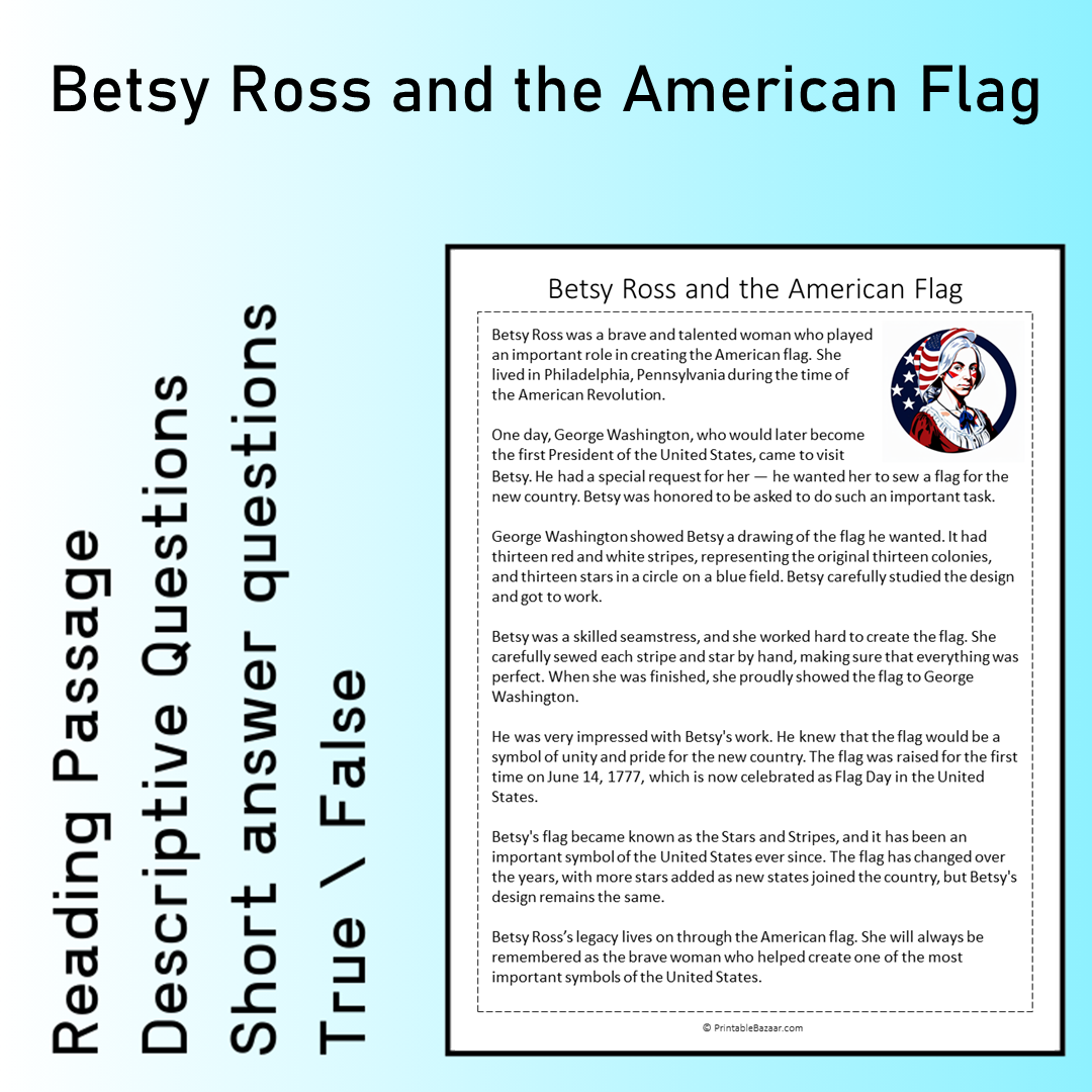 Betsy Ross and the American Flag | Reading Comprehension Passage Printable Worksheet