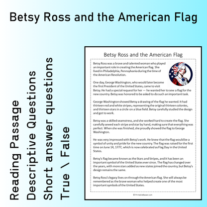 Betsy Ross and the American Flag | Reading Comprehension Passage Printable Worksheet