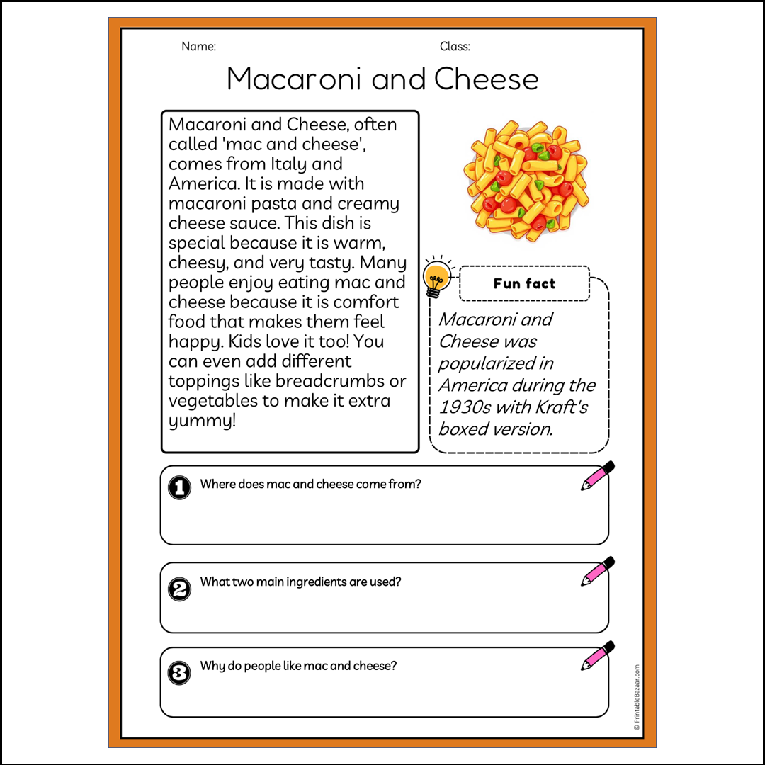 Macaroni and Cheese | Reading Passage Comprehension Questions Writing Facts Worksheet