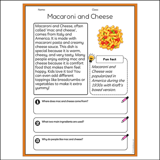 Macaroni and Cheese | Reading Passage Comprehension Questions Writing Facts Worksheet