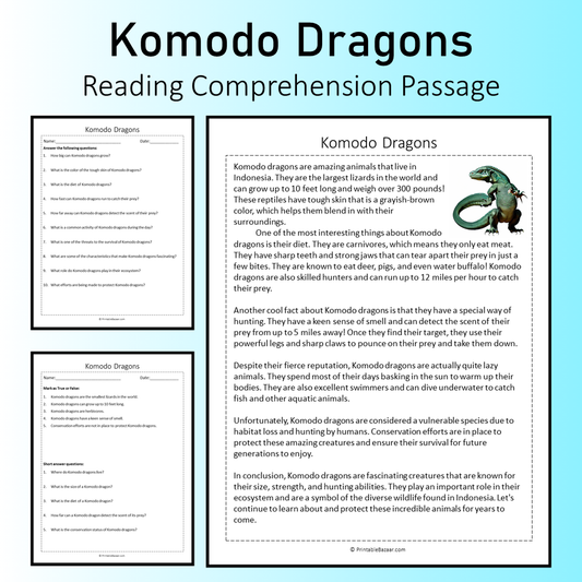 Komodo Dragons | Reading Comprehension Passage Printable Worksheet