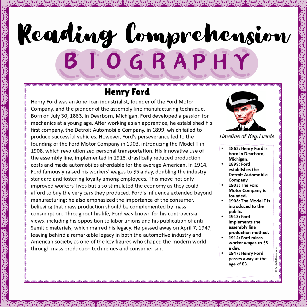 Henry Ford | Biography Reading Comprehension and Questions Worksheet