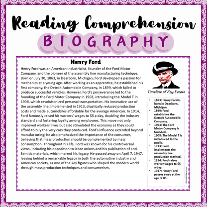 Henry Ford | Biography Reading Comprehension and Questions Worksheet